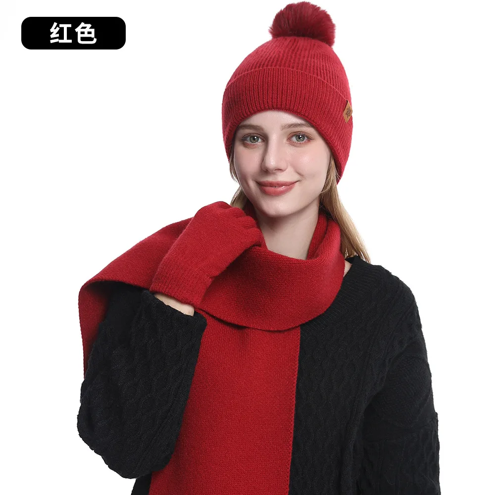 

Women Autumn Winter Knitted Hats Scarves Gloves 3 Piece Sets Female Double-layer Warm Thicken Caps Outdoor Cycling E11434