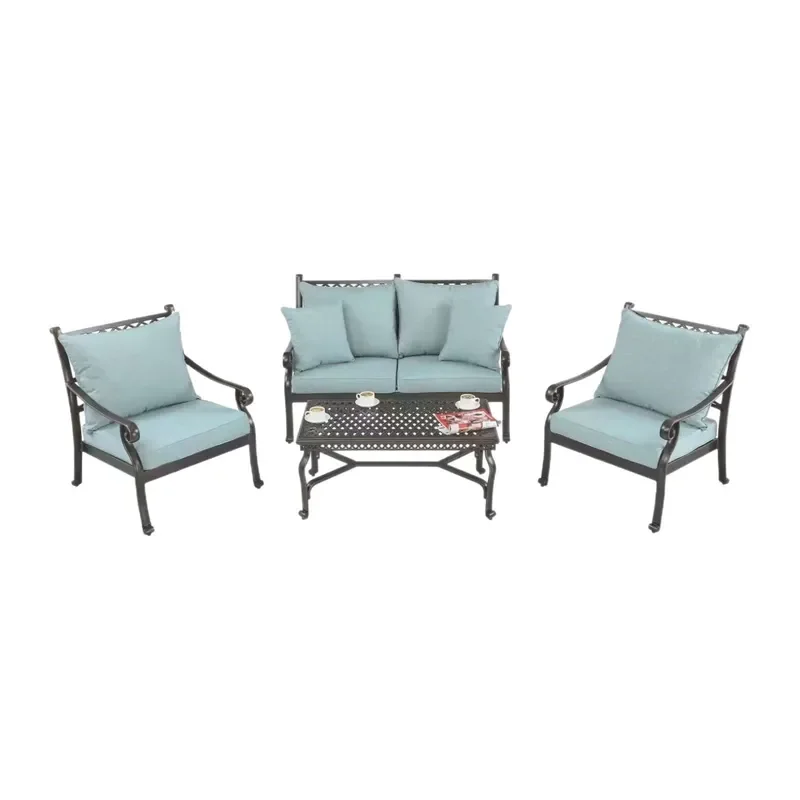 4 Piece Outdoor Cast Aluminum U Shaped Sofa Set Patio Garden Hotel Lounge Seating for Business Negotiation and Rest