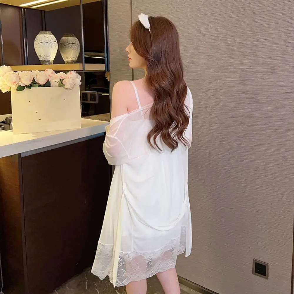 Lace Bowknot Women Pajama Dress Nightgown Ruffle Sleeveless Sleeping Dress Robe Set Sleepwear Homewear Sling Nightgown with Pads
