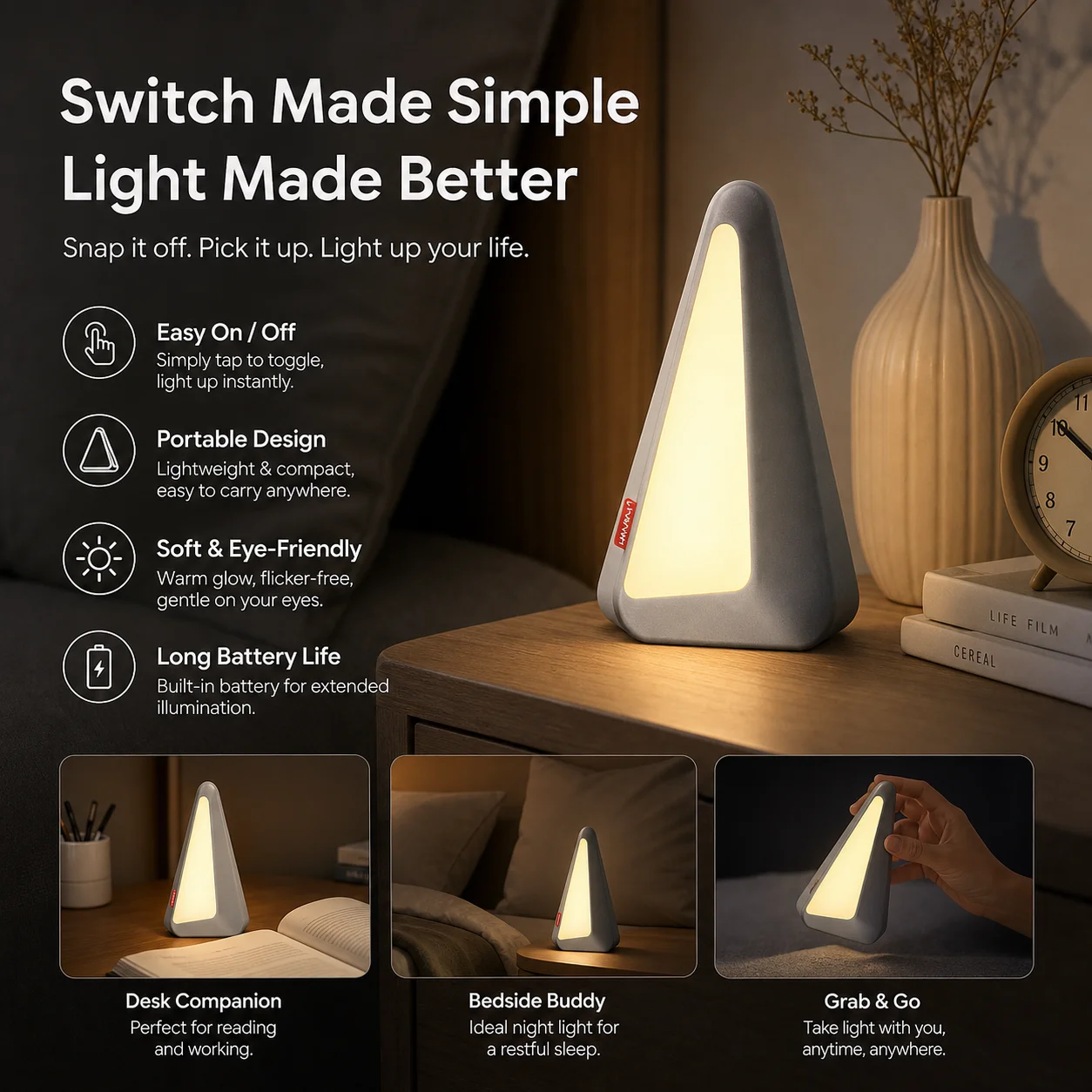 WWPPU Creative Flip Night Light Desktop Reading USB Rechargeable Eye‑Caring Table Lamp Bedside Ornament Gift for Bedroom