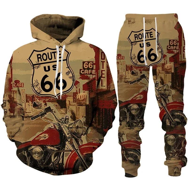 

Man Hoodie Pants 2pcs Sets 3D Printed Route 66 Graphic Vintage Tracksuit Casual Fashion Streetwear Long Sleeve Pullover Clothing