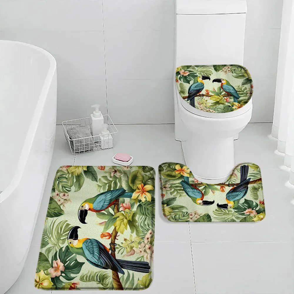 3Pcs Peacock Floor Mat, Rainforest Jungle Botanical Animal Flower Parrot Owl Oil Painting Rug Bathroom Decor Rugs Toilet Cover