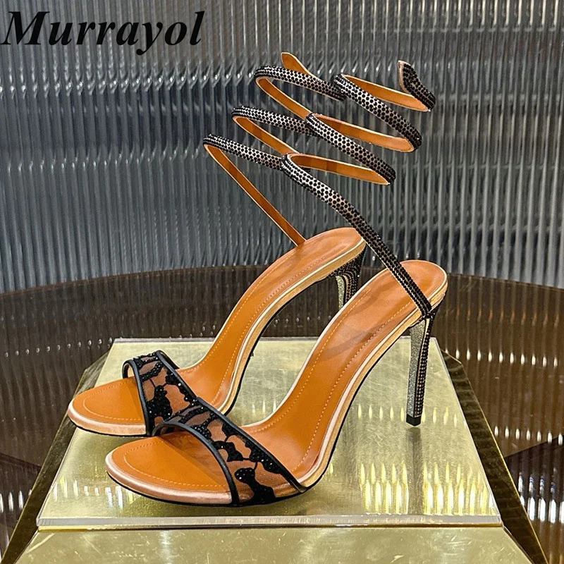 Thin High Heels Pumps Women Bling Crystal Decor Elastic Band Design Ankle Wrapping Sandals Spring Summer Party Banquet Shoes