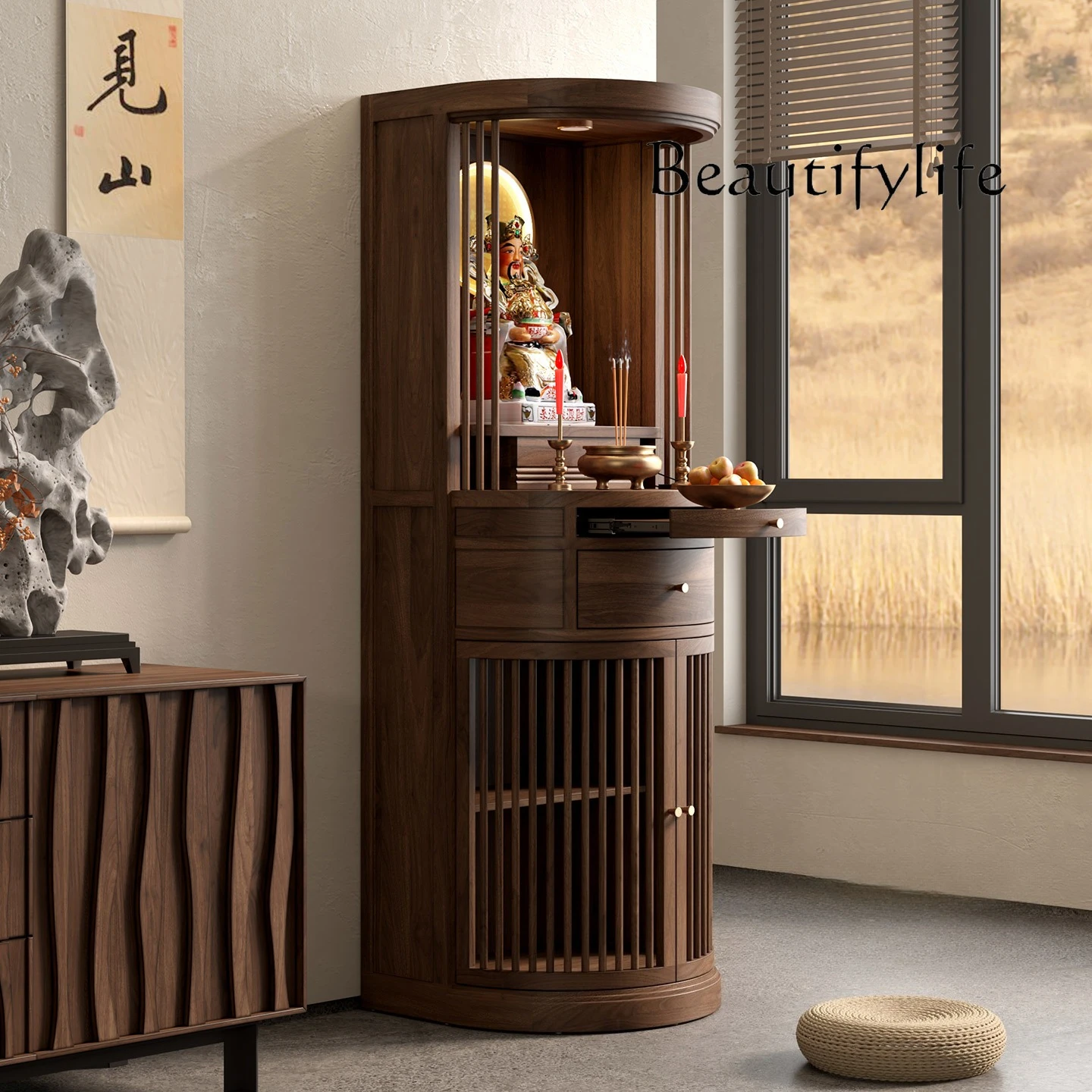 مزار بوذي جديد على الطراز الصيني، طاولة تقديم مزار الجوز الأسود، طاولة مزار gongtai، خزانة بوديساتفا لإله الثروة #2