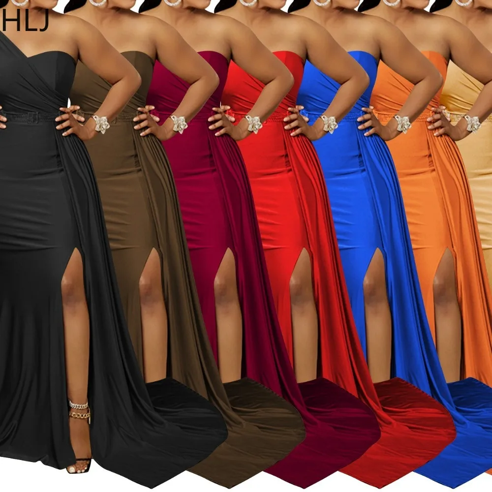 فساتين طويلة أنيقة بفتحة عالية من HLJ للنساء بلون واحد بكتف واحد بدون ظهر فستان نسائي لأعياد الميلاد والنوادي جديد