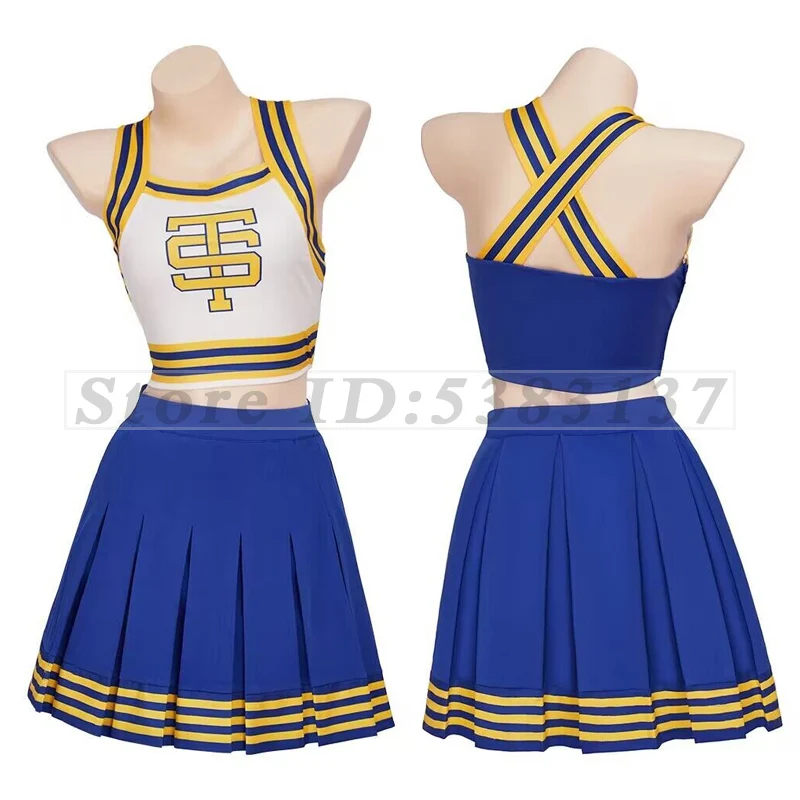 Women Sexy Cheerleader Uniform Halloween Swift Cosplay Costume High School Hip Hop Dance Clothes White Crop Top Blue Skirt Suits