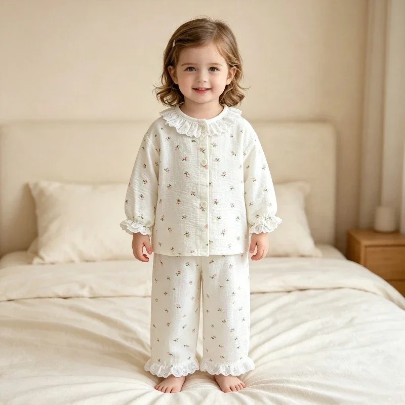 Neue süße Mädchen-Pyjamas mit Blumenmuster, 2-teiliges Set für Kleinkinder, Homewear für Mädchen, dünne Frühlings- und Herbst-Spitzenoberteile mit langen Ärmeln + Hosenanzüge – Detail 9