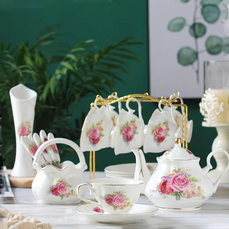 Ceramic coffee set European cup set British afternoon tea set 15 pieces-21 pieces Coffee cup coffee pot free rack