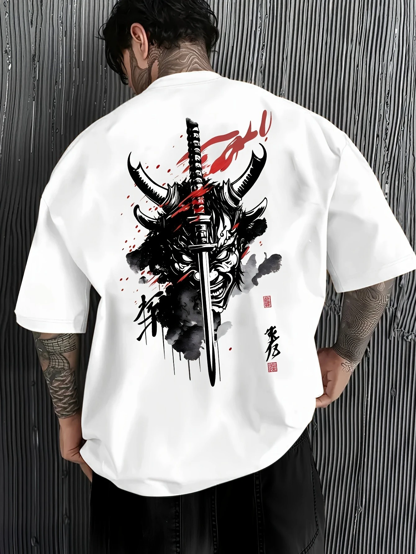Summer Men's 100% Cotton Short-Sleeved T-Shirt with Japanese Samurai Ghost Face Pattern Print Comfortable Street Trendy Top