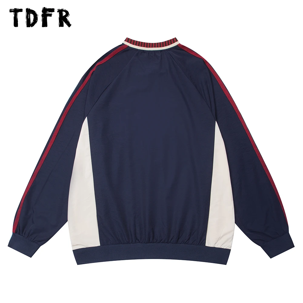 Contrast Paneled Sweatshirts Mens Letter Embroidery Spring Retro Streetwear Loose V-neck Long Sleeve Baseball Sweatshirts