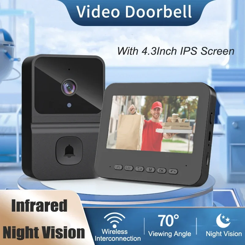 Wireless WiFi Visual Doorbell with 4.3inch Screen Smart Doorbell Camera Night Vision Two-Way Intercom Video Door Bell For Home