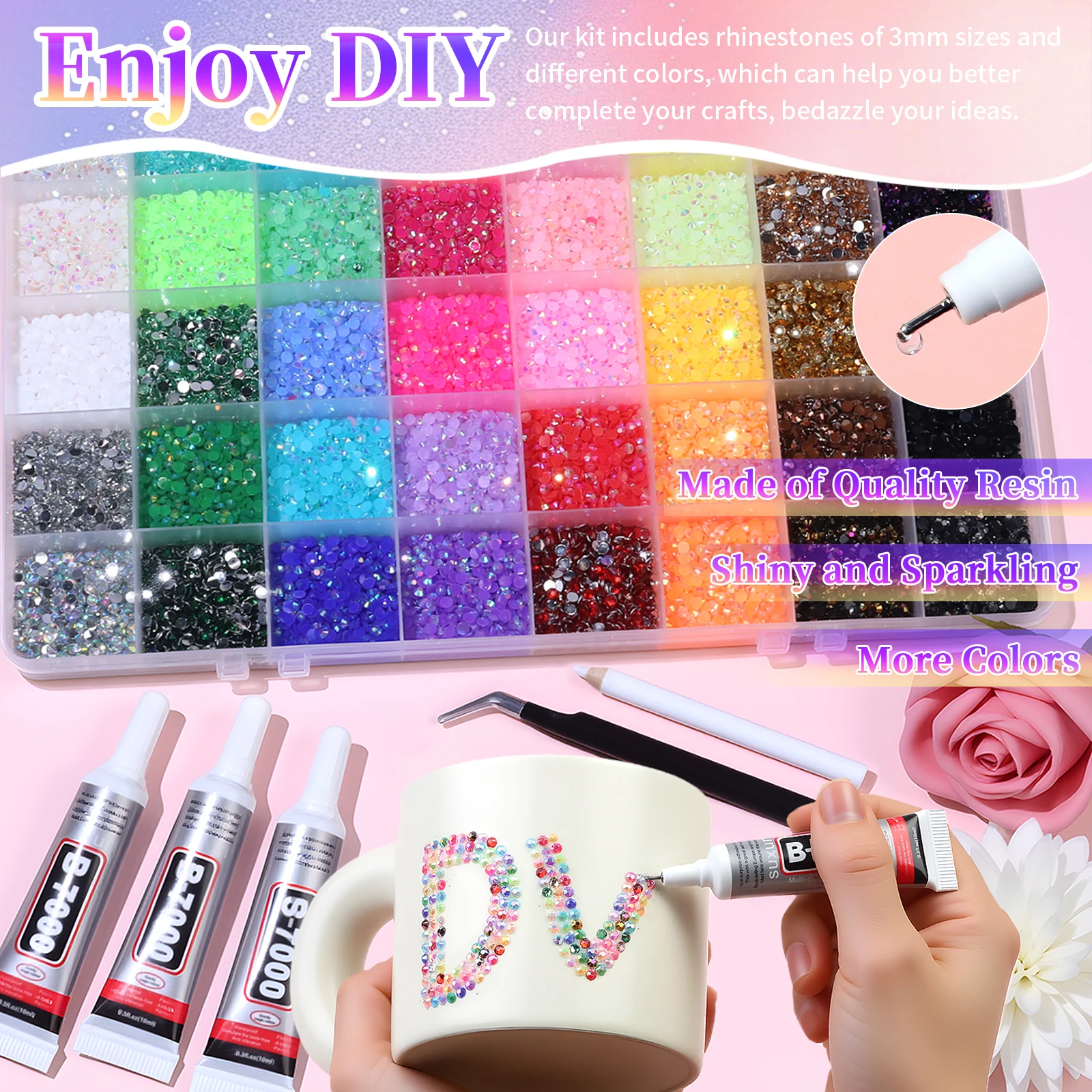 24/28/31/40/48Grids3mm Resin Flatback Rhinestones Set Colorful Nail Crystals Gemstones for Nail Art Face Makeup DIY Crafts Decor