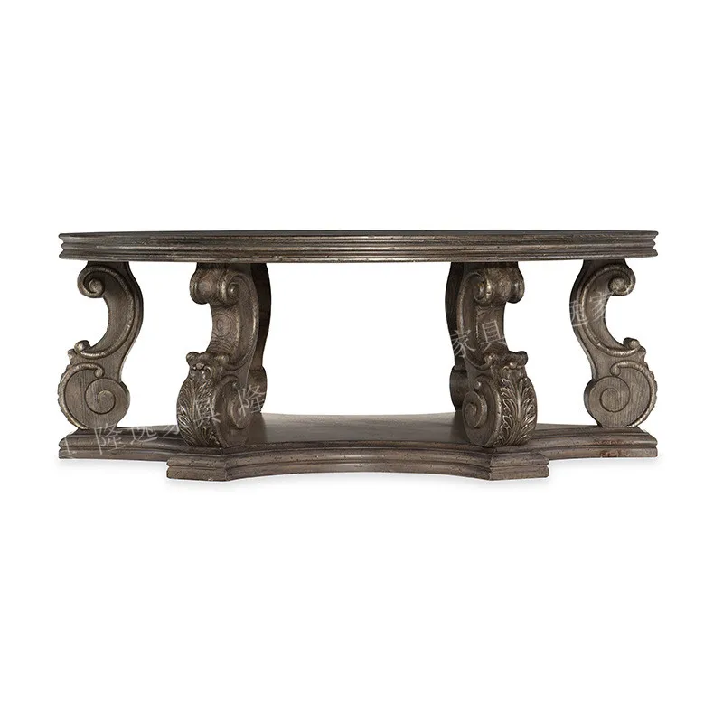 LMM American rural solid wood carving round coffee table double storage antique old household