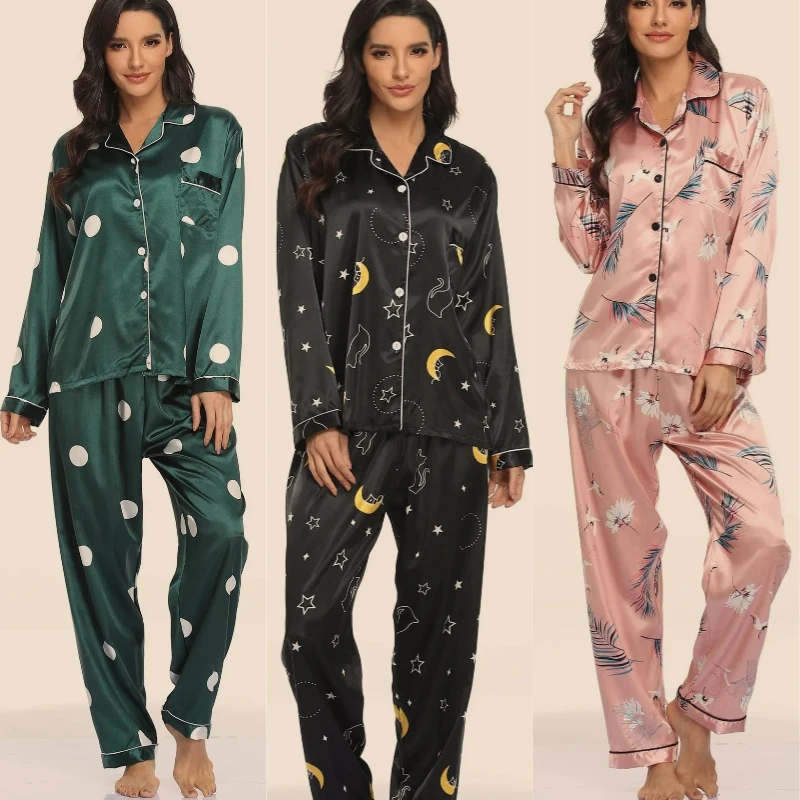 Women\'s Clothes Four Seasons Pajamas Ladies Ice Silk Long-Sleeved Sweet Cute Cartoon Star Solid Floral Casual Fashion Homewear