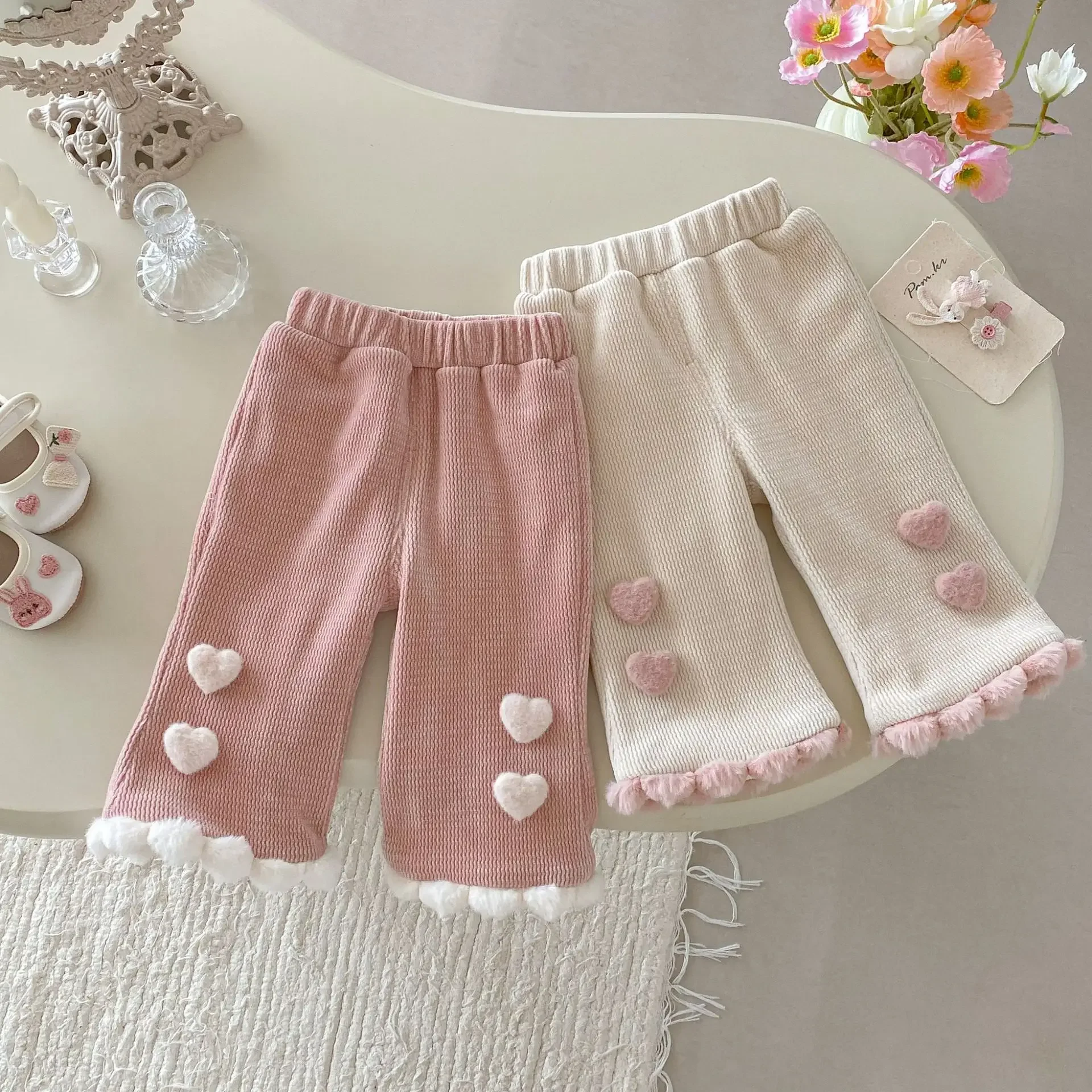 

2025 Girl Clothes Fleece Lined Chenille Pants 0-5Y Baby Girl Heart Decor Flared Trousers Kids Warm Winter Casual Winter Clothes