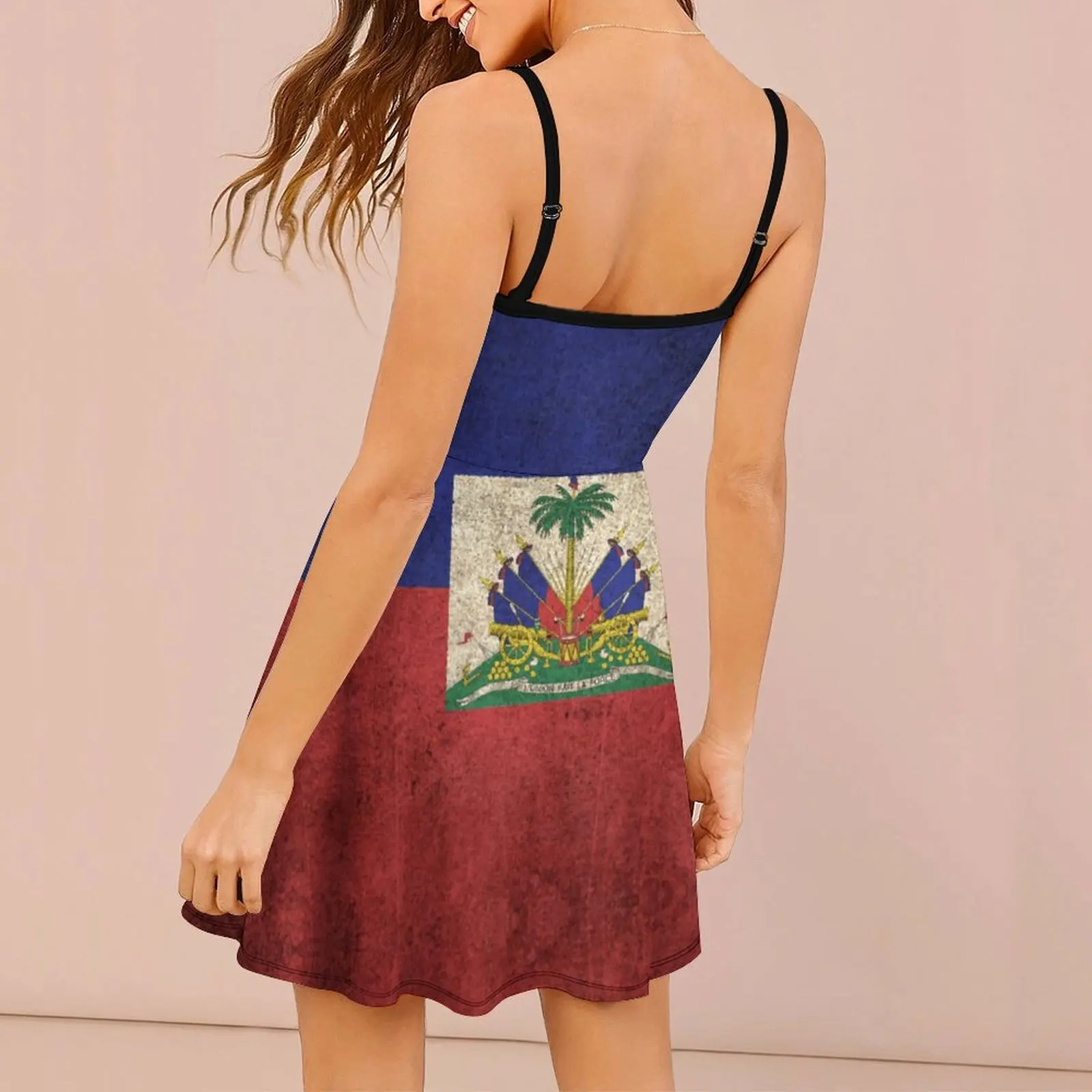 Exotic Old And Worn Distressed Vintage Flag of Haiti Women's Sling Dress Graphic  Vacations  Woman's Gown Strappy Dress Novelty