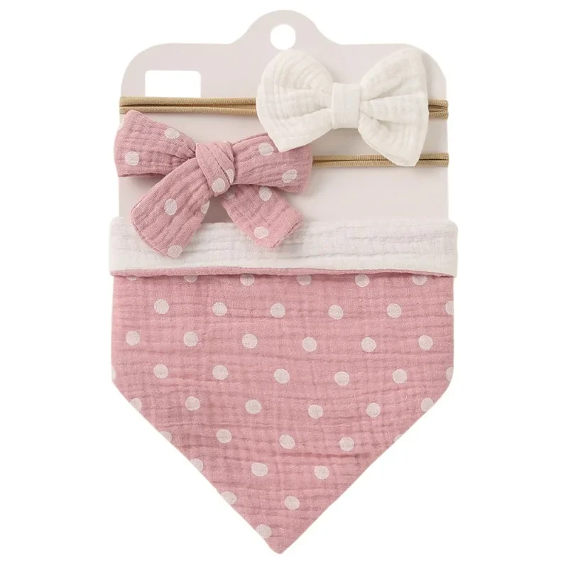 Ins Cross-border New Baby Drool Towel Set Double-sided Children's Printed Cotton Lace Bow Headband Bib