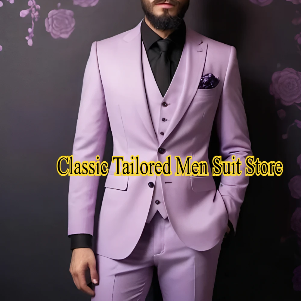 

New Male Lavender Business Suit Groom Groomsman Wedding Party Prom Formal Occasion Men Tuxedos 3 Piece Set Blazer Vest Pants