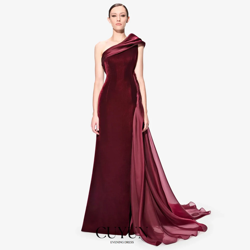 

CUYUN One Shoulder Evening Dresses Burgundy Elegant Women Party Dresses Customized Silk Organza Draped Formal Occasion Gown