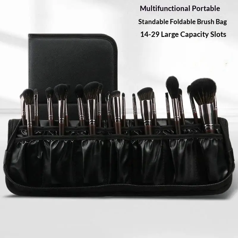 Large Capacity Foldable Makeup Brush Bag 29/14 Slots Portable Cosmetic Tools Organizer Pouch for Travel Women