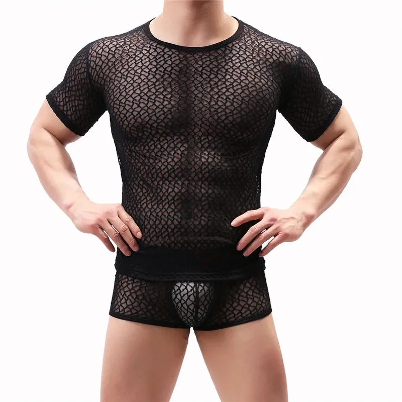 Men's Undershirts See Through Mesh T-Shirt Underwear Sheer Wear Transparent Fishnet Undershirt Tops and Boxers Set Underwear