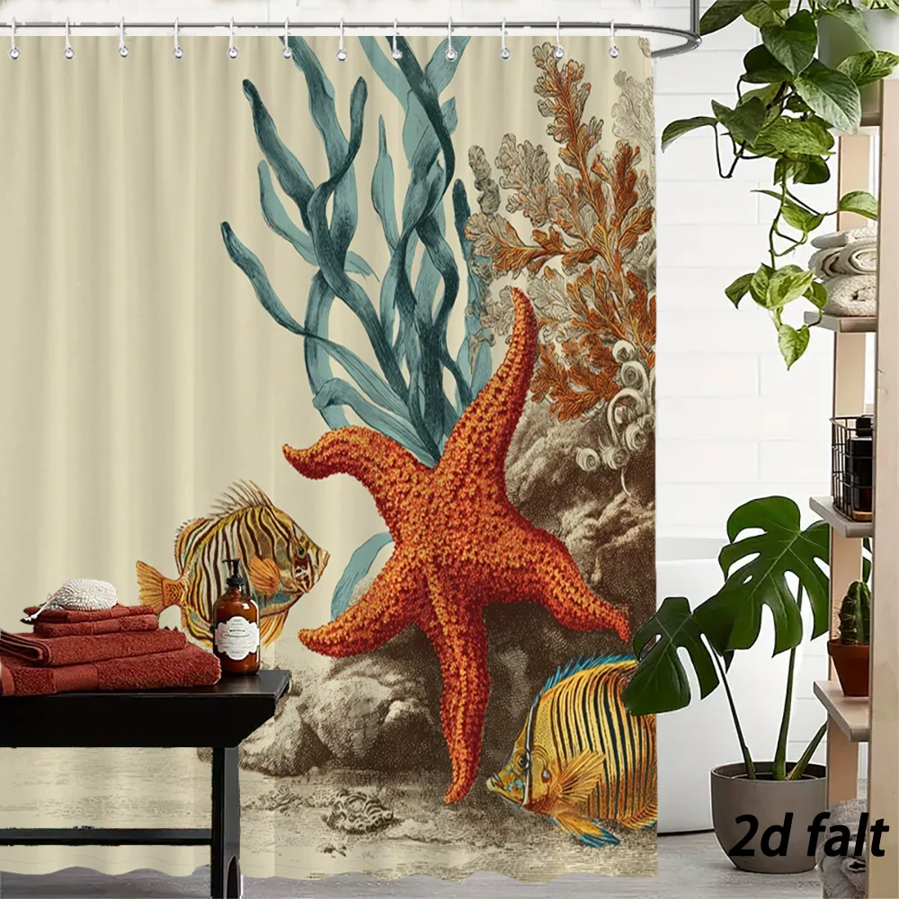 Vintage Marine Biology Print Bath curtain, Red Starfish Tropical Striped Fish Seaweed Retro Ocean Illustration t