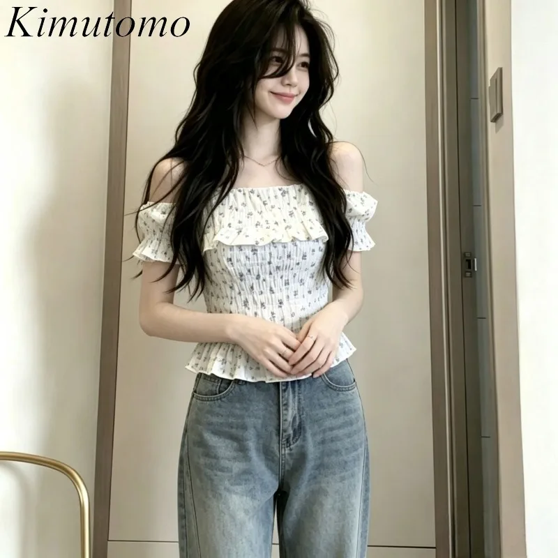 

Kimutomo Blouse Women Slash Neck Floral Printed Summer Fashion Off Shoulder Vintage Sexy Crop Tops Ladies Casual Tee Shirt