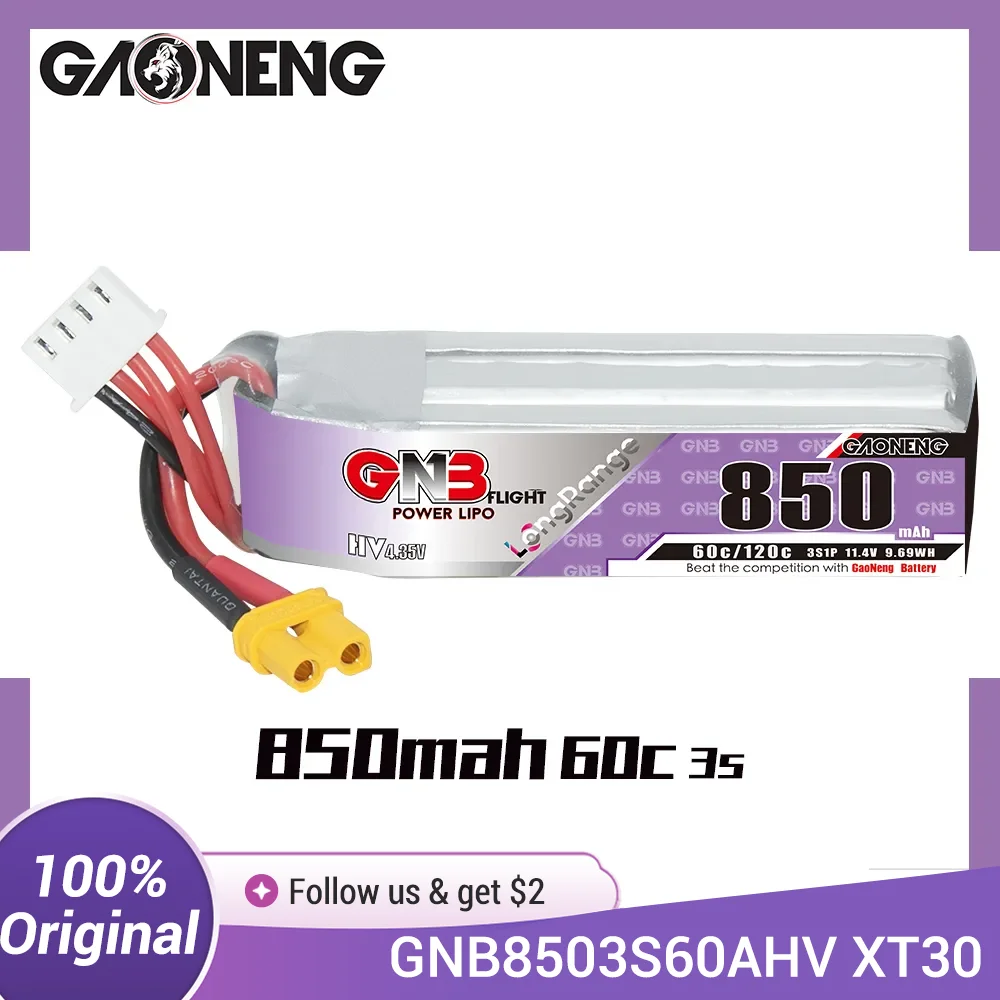 GAONENG GNB 850 mAh 3S 11,4 V 60C LiPo-Akku mit großer Reichweite XT30 für Beta75X Alpha A75 Cine Whoop Mini Micro FPV 1,6 bis 2 Zoll