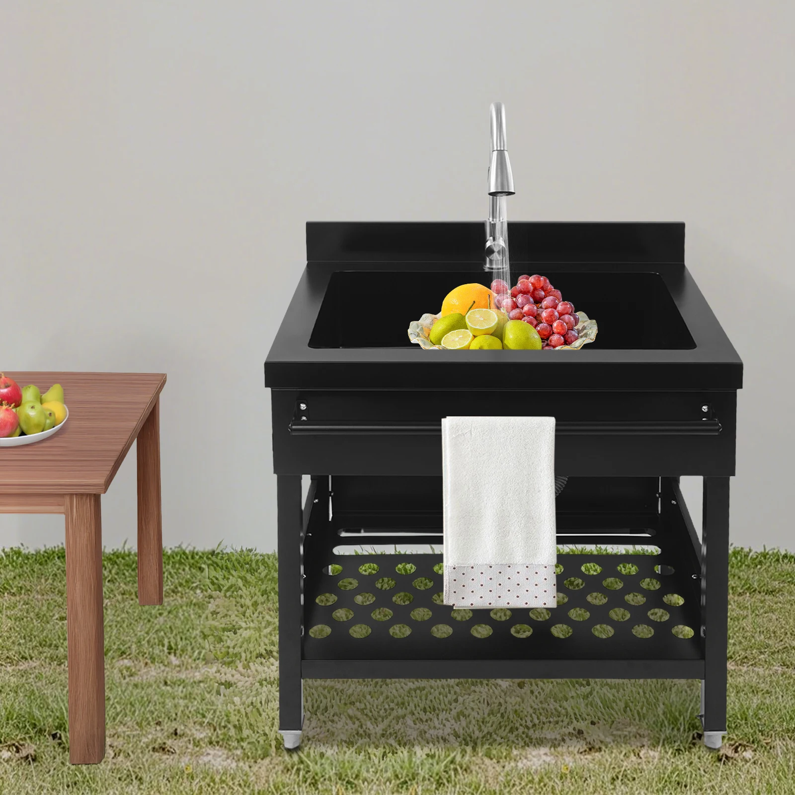 

Black 201 Stainless Steel 65.48x51.48x86cm Freestanding Sink Kitchen Sink with Retractable Faucet Storage Rack