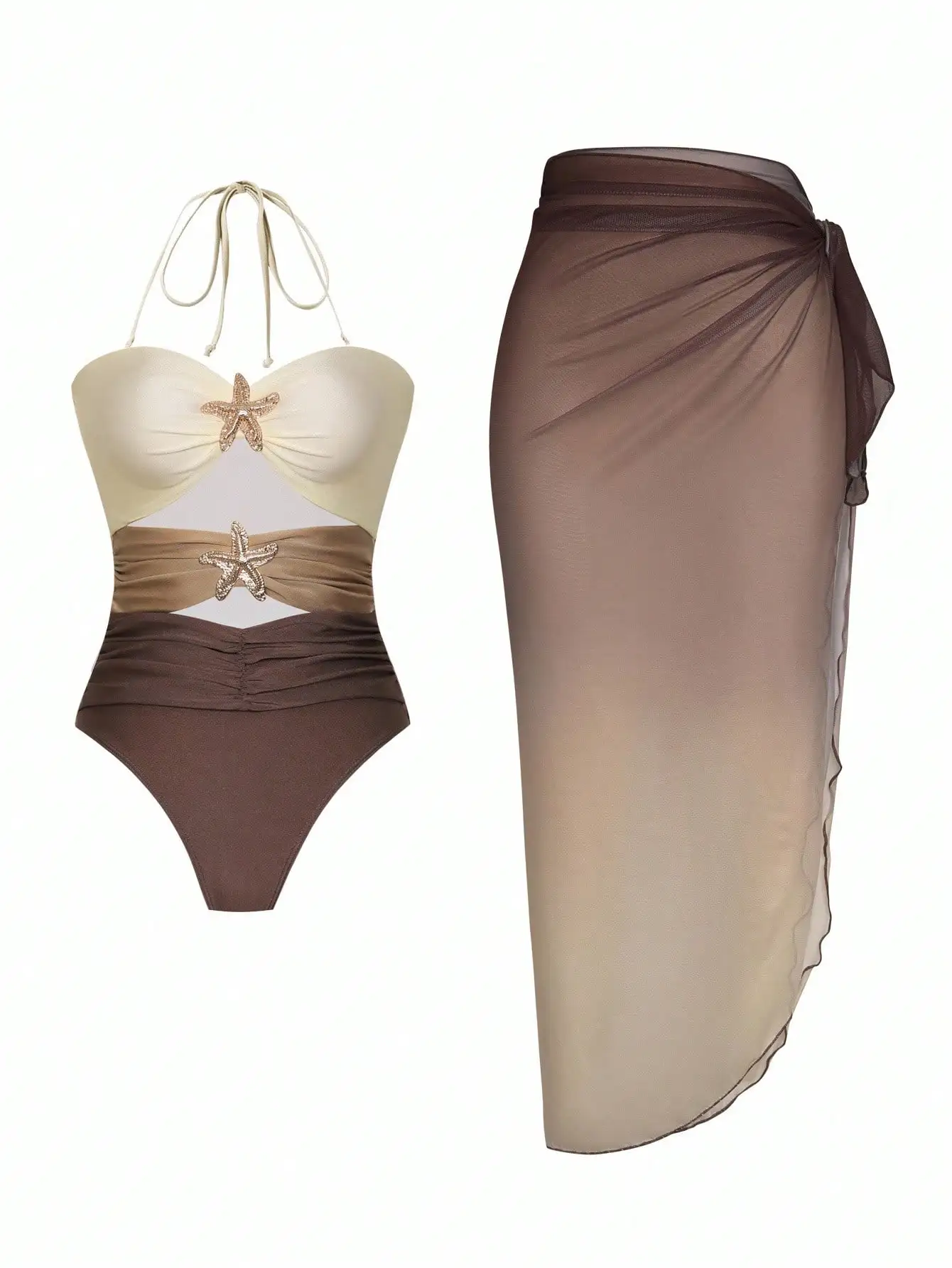 

Elegant Halter One-Piece Swimsuit With Starfish Embellishments And Gradient Sheer Wrap Skirt Two-Piece Beach Set
