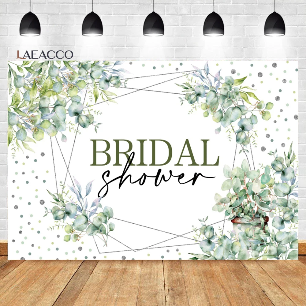 

Laeacco Greenery Bridal Shower Backdrop Gold Green Bloom Eucalyptus Leaves Wedding Party Portrait Custom Photography Background