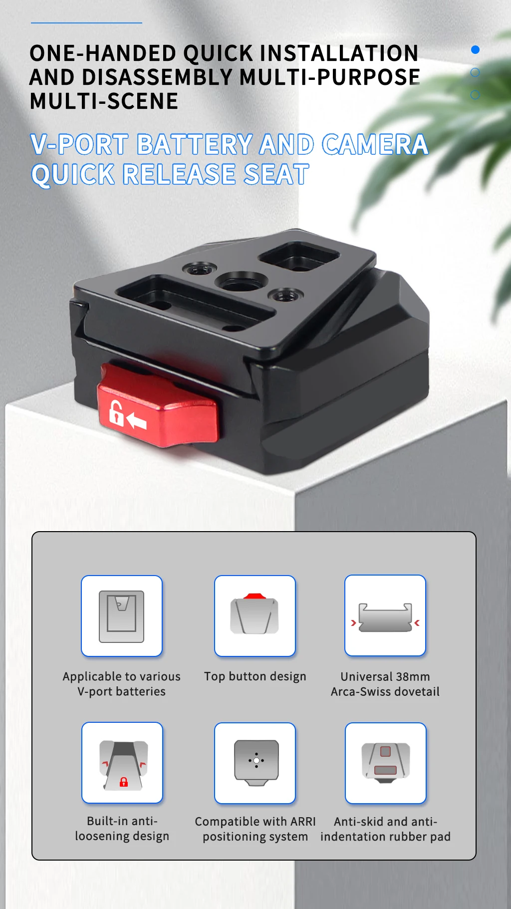 Faltbare V-Lock-Halterung, 360-Grad-verstellbare Mehrzweck-Schnellwechselplatte für ARCA-Stative, Stabilisator, Kamera, V-Mount-Netzteil – Detail 1