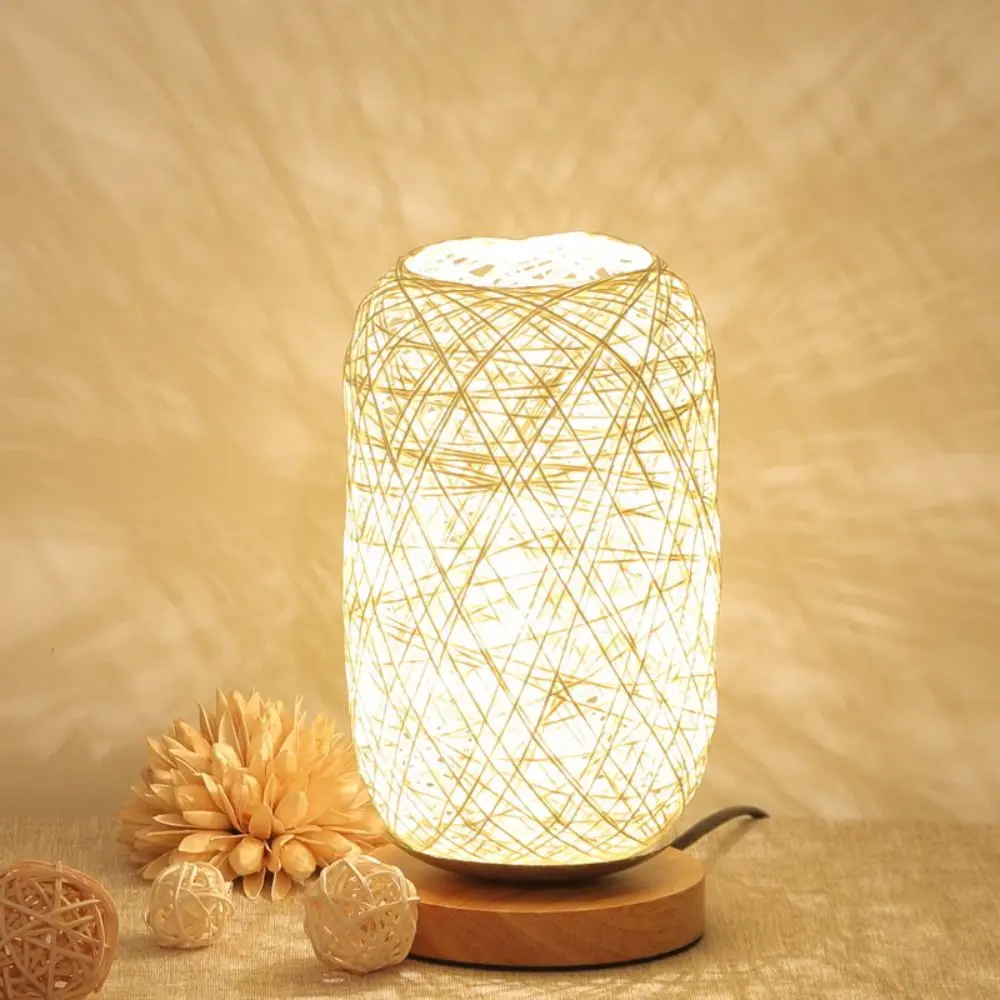 Home Art Wooden Rattan Twine Led Night Light USB Plug Minimalist Table Lamp Romantic Creative Atmosphere Light Living Room