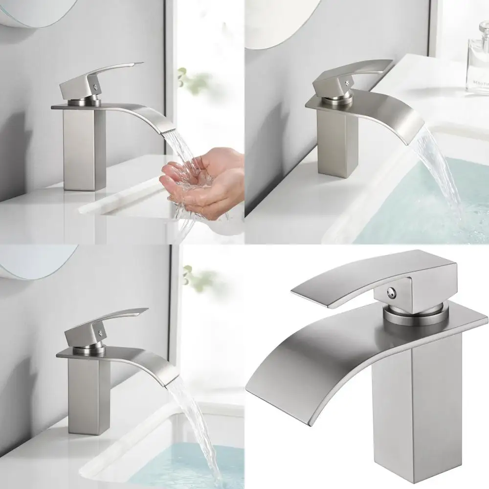 

Stainless Steel Brushed Nickel Single Handle Waterfall Faucet for Single Hole Basin Mixer Vanity Sink