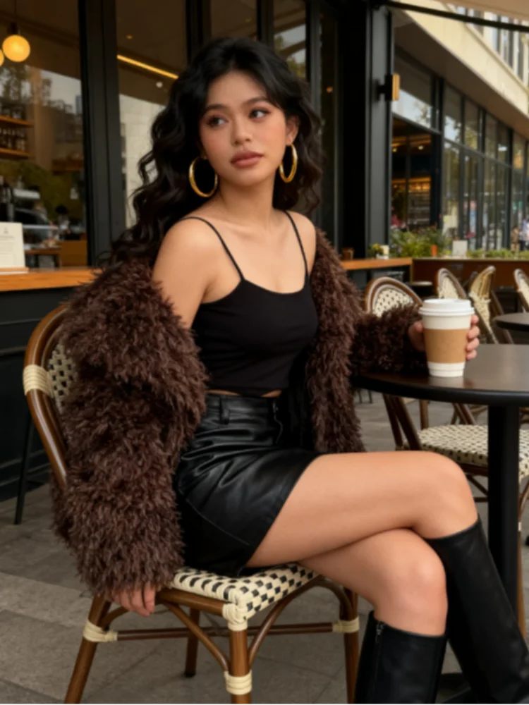 2025 Winter Fashion Brown Faux Fur Coat Women Chic Warm Fluffy Sheep Fur Jacket Big Turn-down Collar Overcoat New In Outerwear