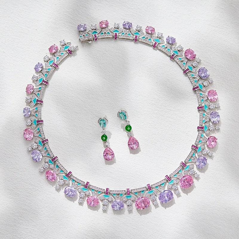 Luxury Charming AAA Cubic Zirconia Flower Shaped Necklace Lotus Earrings For Women Wedding Party Evening Dress Jewelry Sets