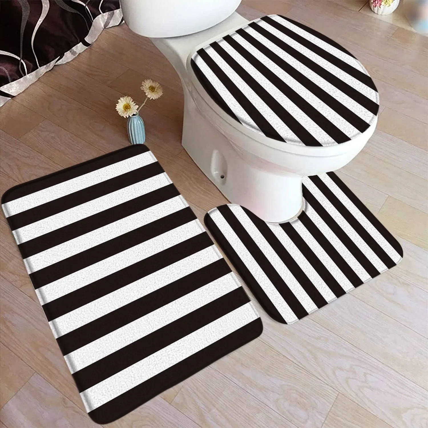 Black and White Leopard Print Bath Mat Set Zebra Animal Fur Texture Fashion Home Bathroom Decor Floor Rug U-Mat Toilet Lid Cover