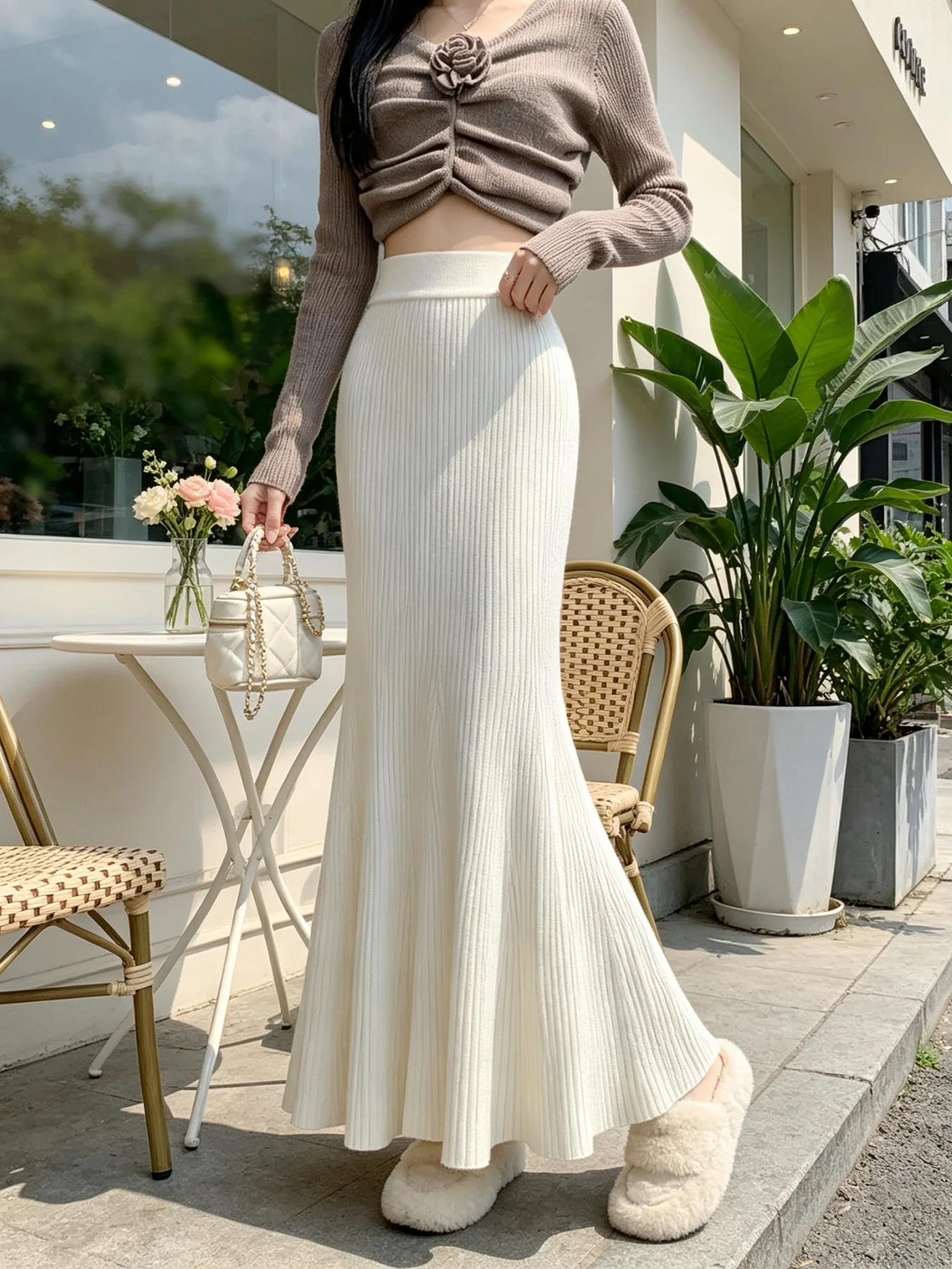 High Waist Knitted Fish Tail Skirt Women's Autumn Winter Fashion Elegant A-Line Long Skirt Polyester Fiber Casual Wear