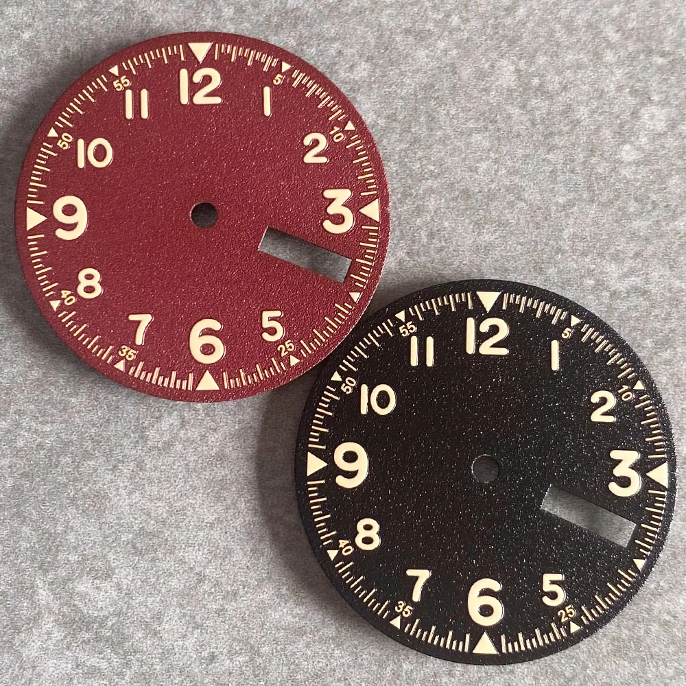 29mm Black/Red Frosted Particles Arabic numerals Watch Dial Green Luminous Fit NH36A 3/3.8 o'clock Automatic Movement