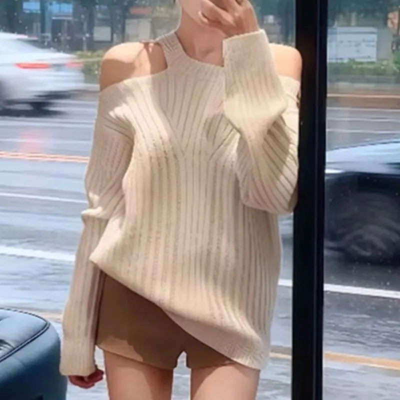 

Sueters De Mujer Off Shoulder Knitted Sweater Women Pullovers New Long Sleeve Slash Neck Knit Sweater Pullover Women Tops Q2923