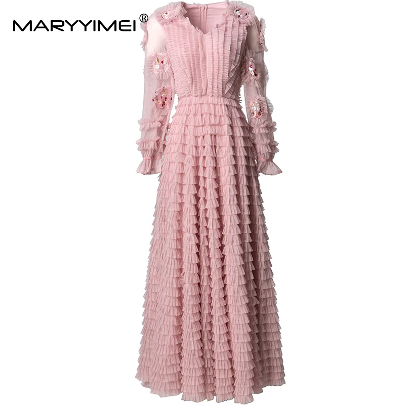 

MARYYIMEI Solid Long Sleeve Slim Maxi Fungus Dress For Women V-Neck Sequins Elegant Ball Gown S-4XL Dresses Party Clothes