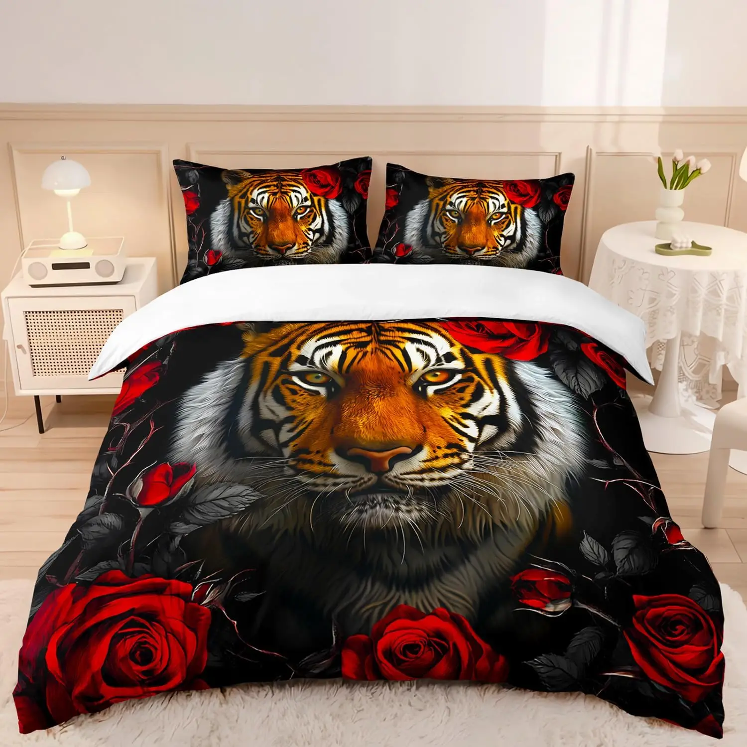 Tiger 3D Print Comforter And Duvet Cover Set for Kids Teens Wild Animals Room Decor All-Season Oil Red Rose Bedding Set