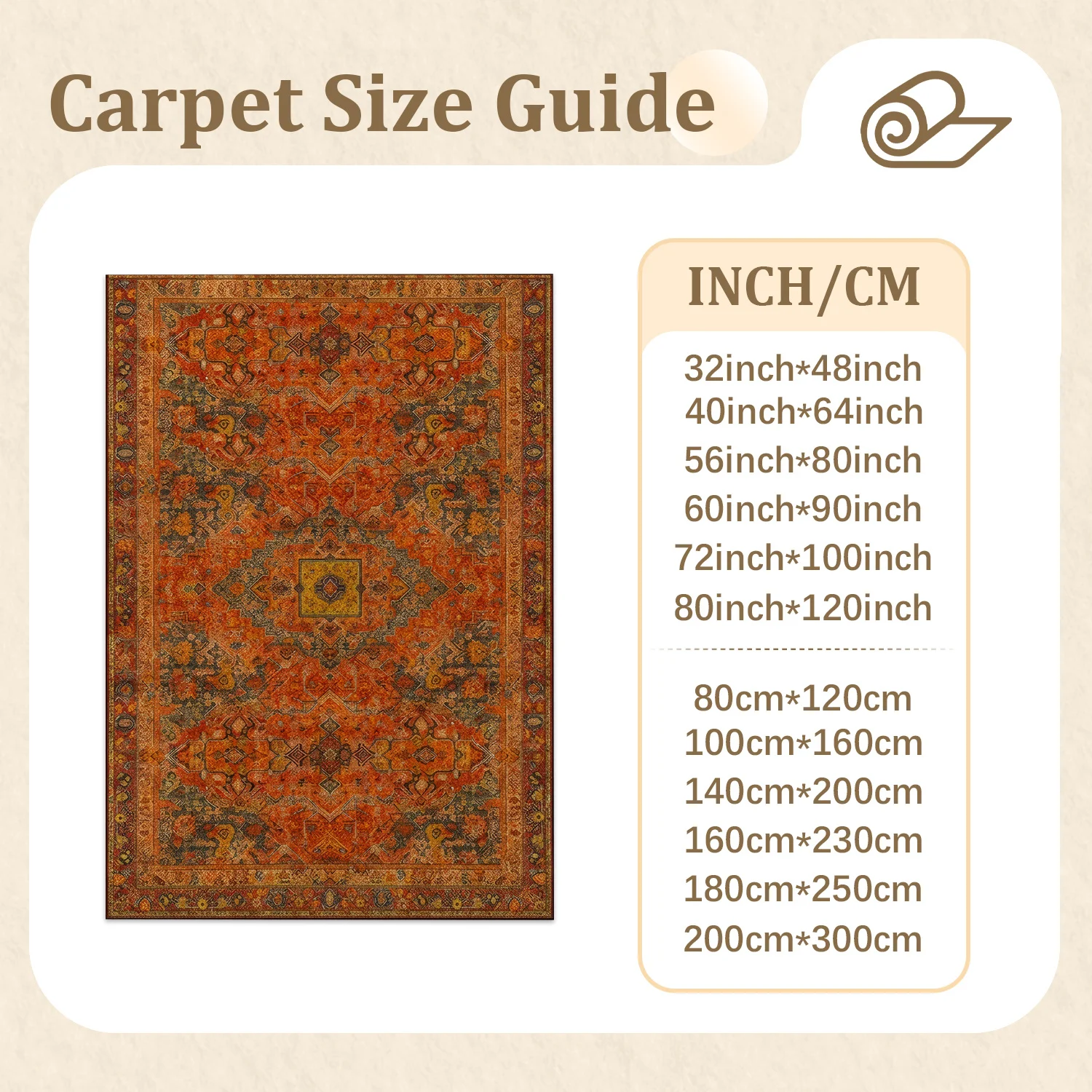 Large Indoor Area Rug, Soft Velvet Low Pile with Non-slip Dotted Backing, Machine Washable, Vintage Persian Terracotta Pattern Rug for Living Room, Bedroom, Bohemian Home Decor