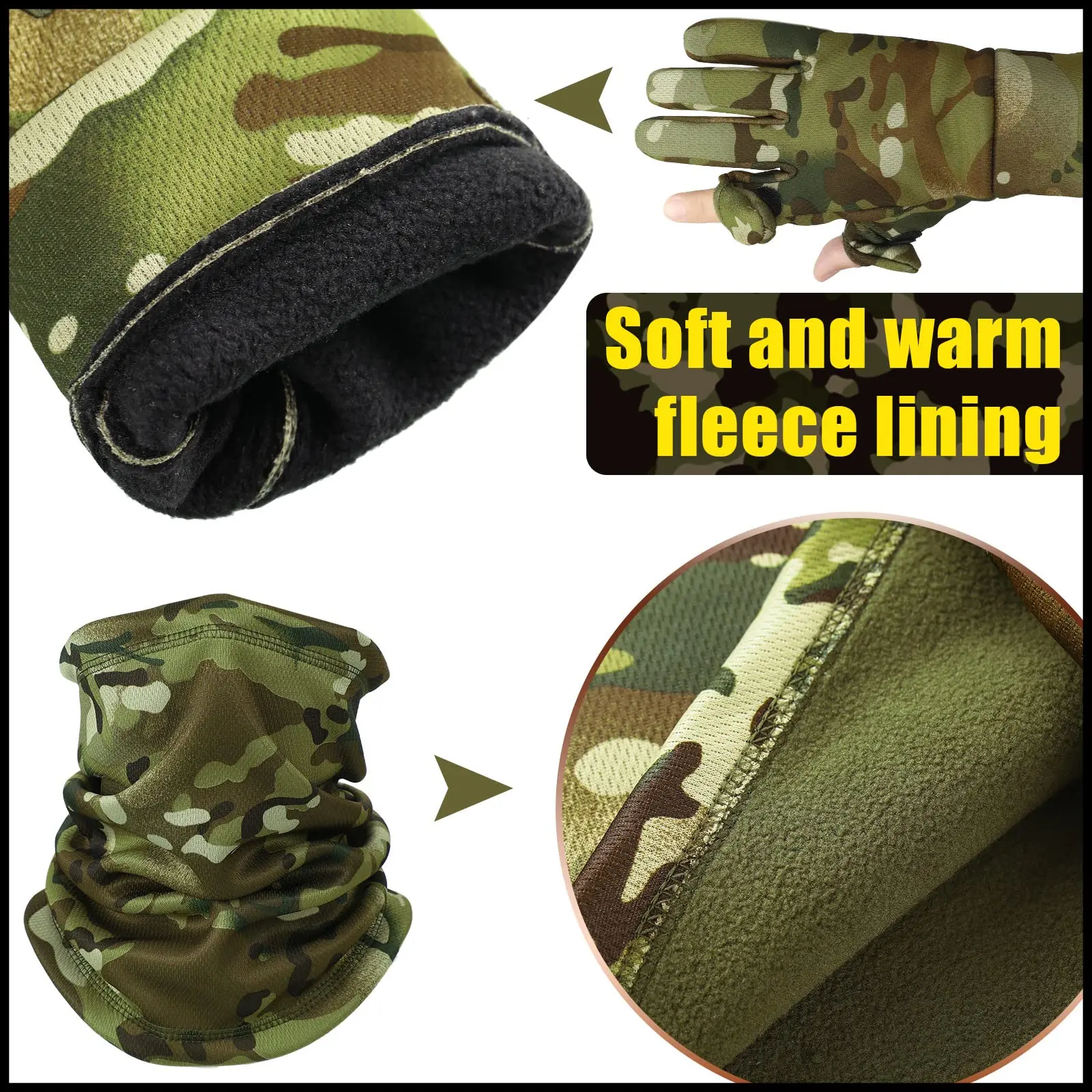 3 Pcs Tactical Gloves Beanie Scarf Set for Men Women Winter Thickened Warm Camouflage suit Outdoor Cycling Hunting Accessories