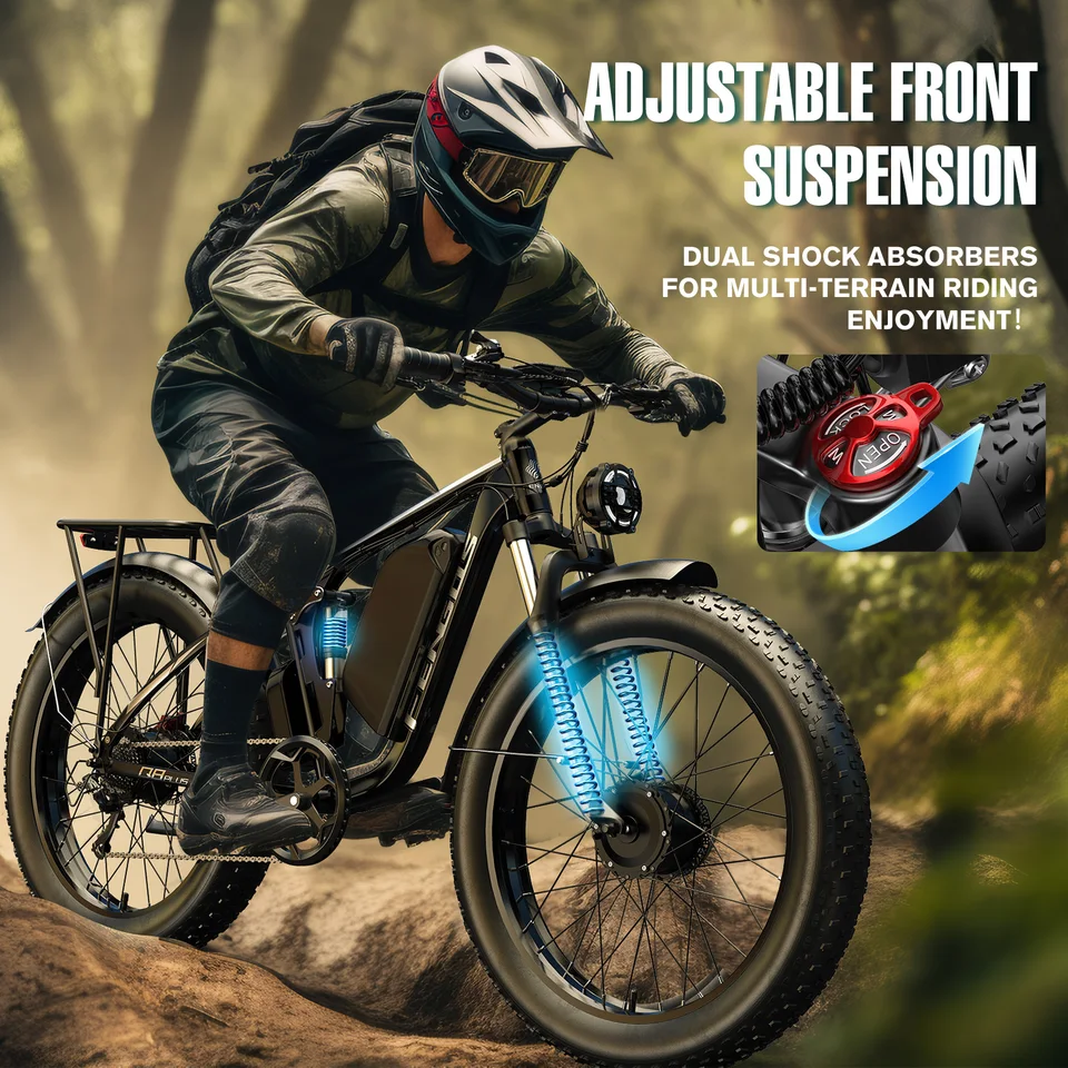FENGQS Q8PLUS 6000W 5000W Dual Motor Mountain Electric Vehicle 60V1200WH Large Battery, 100 Kilometer Range, Hydraulic Disc Brake with Turn Signal, Electric Bicycles, Commuting, Boys, Fat Tires, Detachable Batteries. Full Shockingproof Frame image 9
