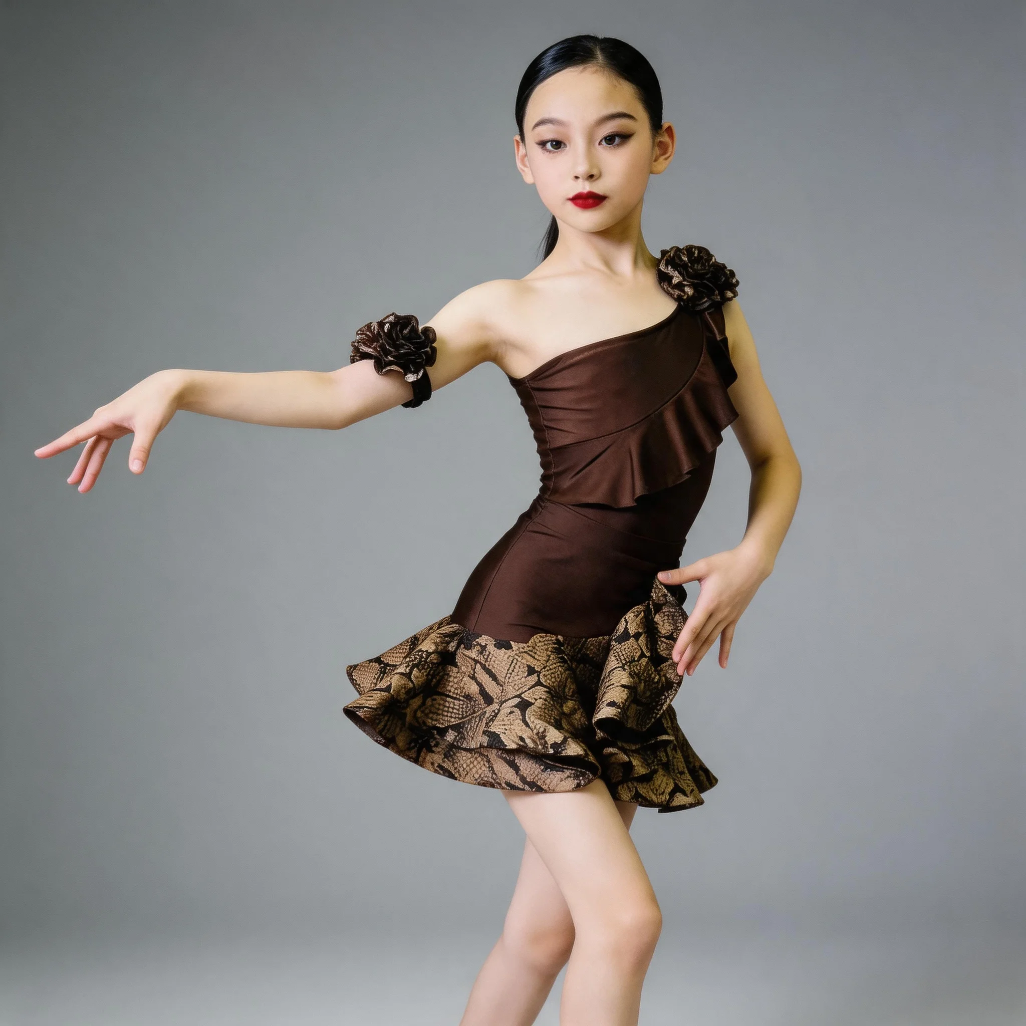 

Cha Cha Rumba Samba Latin Dance Clothes Kids Girls Mesh Ruffled Performance Dress Set