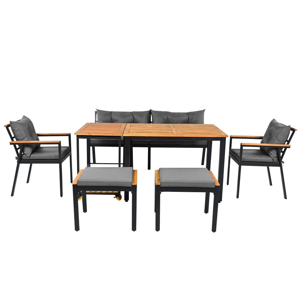 PINGGO 6-7-Sitzer Garten-Essgruppe mit Stühlen und abnehmbarem Servierwagen, Akazienholz-Tisch- und Hocker-Set mit abnehmbaren Elementen – Detail 10