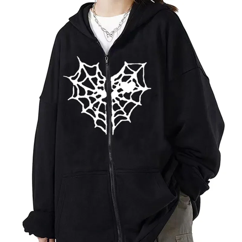 Spider Web Graphic Hoodies Women Men Casual Zip up Sweatshirt Harajuku Streetwear Y2k Hooded Jacket Zipper Cardigan Brown Emo