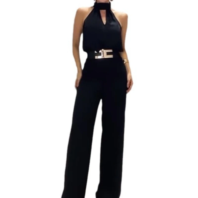 Women Two Piece Sets Pant Set Solid Casual Hollow Out Round Neck Sleeveless Slim Fit Tops Wide Leg Long Pants Elegant Splice