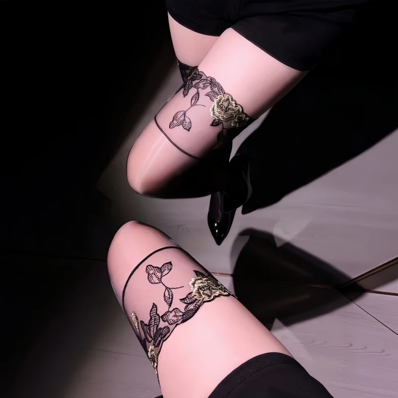 Gothic Golden Rose Floral Stockings Lace Top Aurora Oil Shiny Thigh High Stockings Women Sexy Lingerie Garter Belt Hosiey